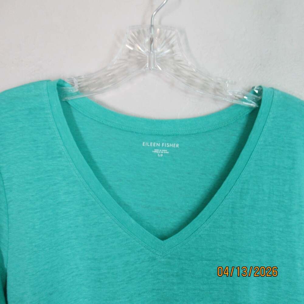 Eileen Fisher Linen Top S Seafoam Green Asymmetrical Hem Vneck Short Sleeve - Picture 2 of 13